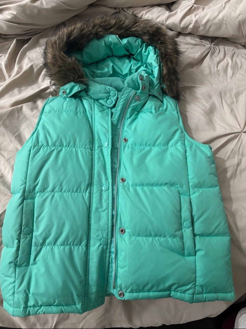 GAP Teal Puffer Vest with Faux Fur Trim